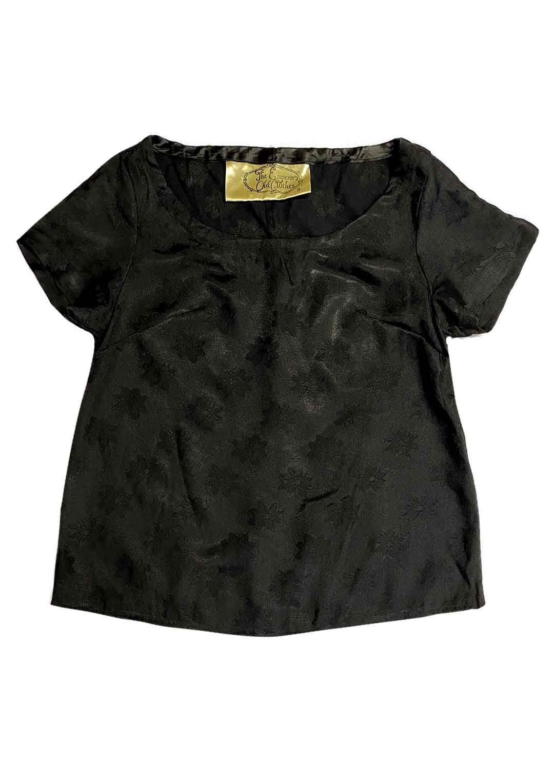 Black Floral Satin Tee - ref 237 - Resale item - Approx 6-8