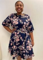 Navy Floral Skater Dress- ref 3 - Resale item - Approx 14-16