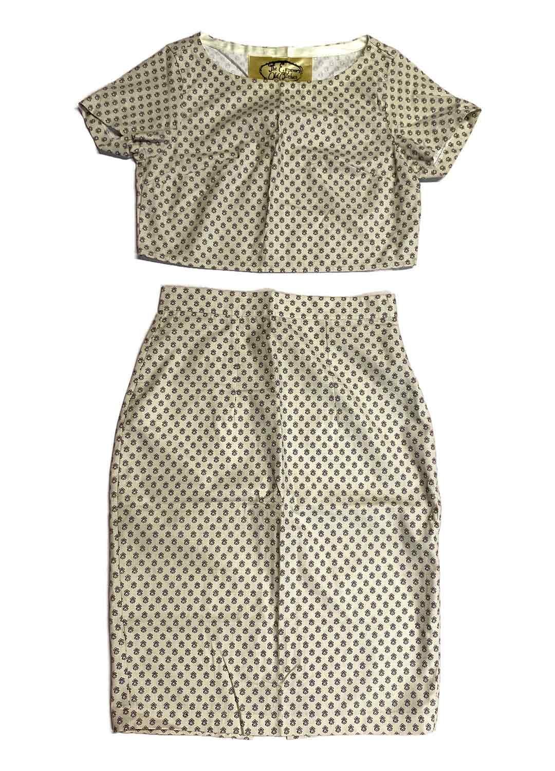 Beige floral patterned cotton pencil skirt two piece - Ref 233/234 - Resale item - UK 10-12
