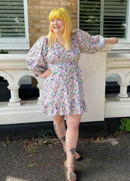 Pink + purple floral cotton wrapover mini dress - ref 180 - Resale item - UK 12-14