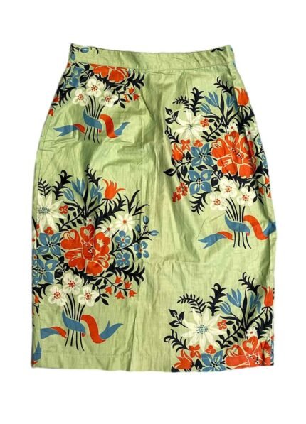 Green floral patterned cotton pencil skirt – ref 226 – Resale item – Approx UK 10-12