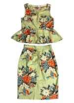 Green floral patterned cotton pencil skirt two piece - Ref 226/227 - Resale item - UK 10-12
