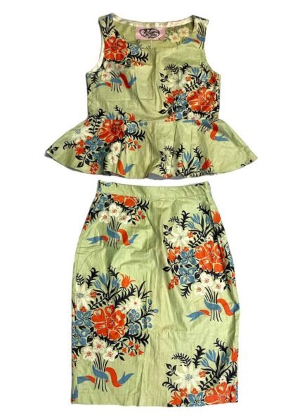Green floral patterned cotton pencil skirt two piece - Ref 226/227 - Resale item - UK 10-12